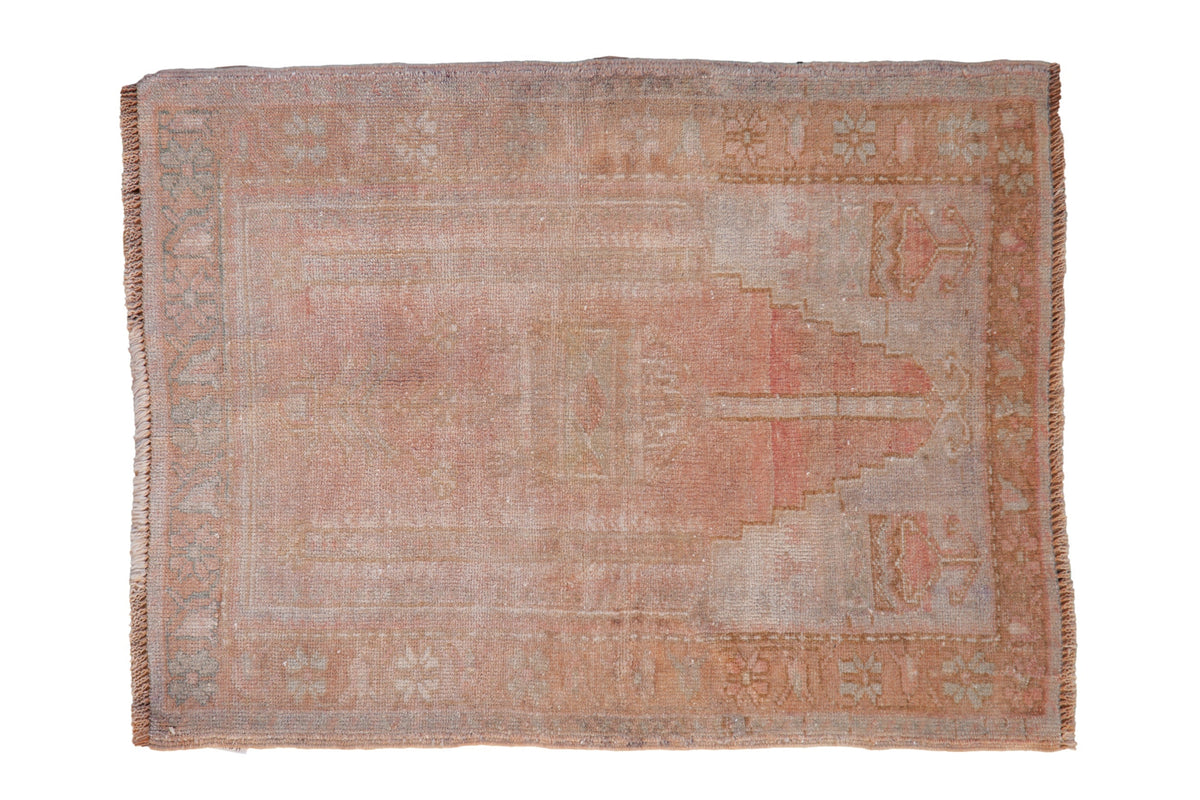 2.5x3.5 Vintage Distressed Oushak Rug displaying dusty rose and seafoam green lantern motif with floral border