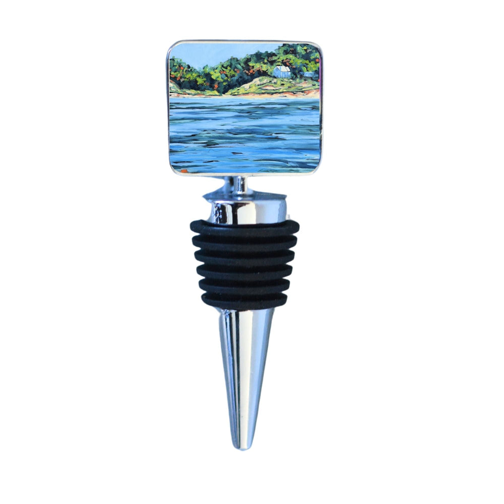 Wine Bottle Stopper: The Shores of Lake Michigan showing an artistic decorative top with coastal themed original artwork