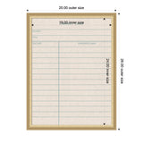 Framed linen fabric pinboard designed like a vintage library card with blue-green lines and headers for author, title, due date, and borrower's name in beige and light wood frame.