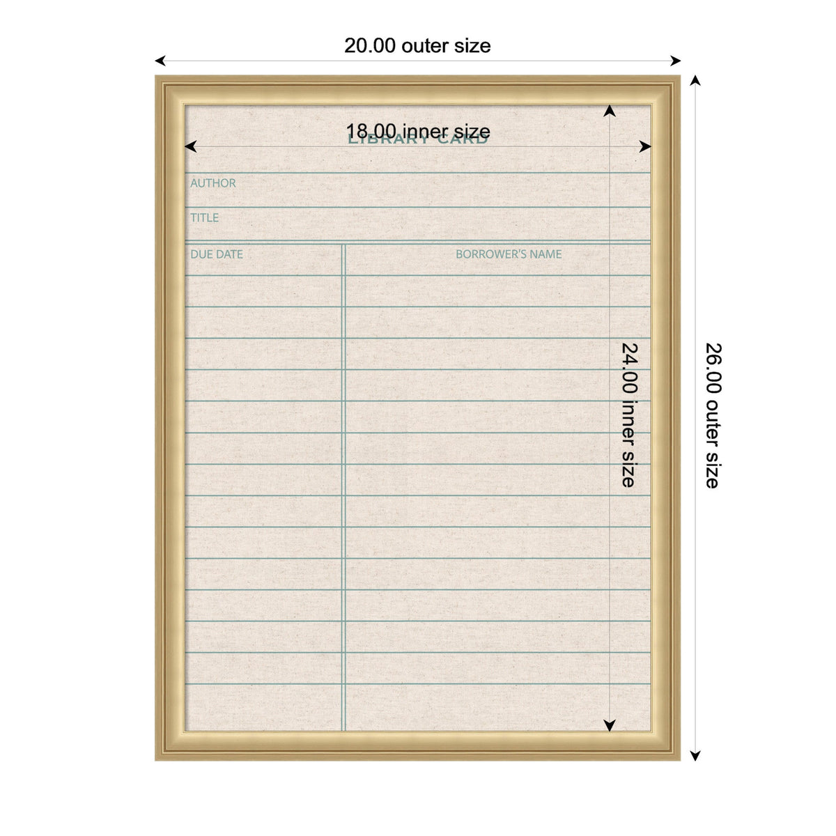 Framed linen fabric pinboard designed like a vintage library card with blue-green lines and headers for author, title, due date, and borrower's name in beige and light wood frame.