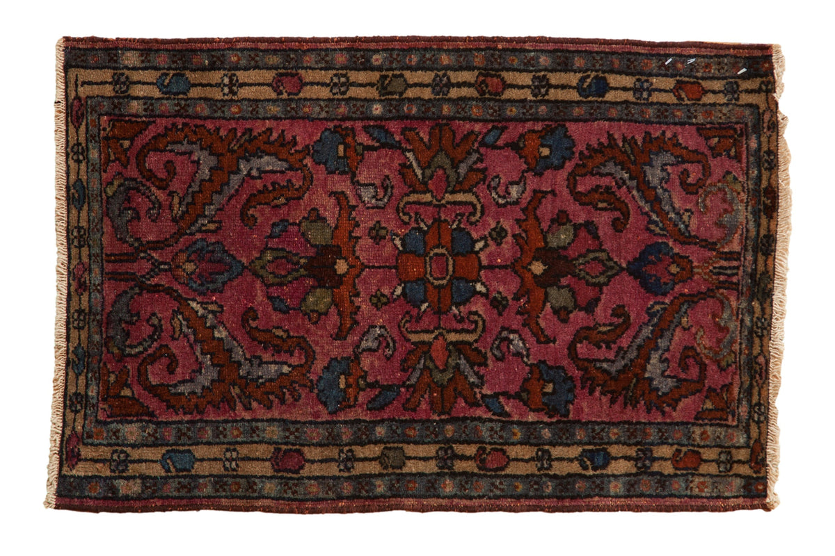Vintage Borchalou rug mat with intricate floral and vine patterns in red, brown, blue, and beige hues with a decorative beige border.