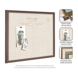 Rectangular linen fabric pinboard with a dark wood frame, featuring vintage postcard text and two black-and-white photos pinned in sepia tone.