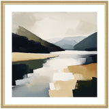 Abstract modern painting depicting a serene mountain lake with layered hills in muted gray, beige, and dark blue tones, framed in light wood.