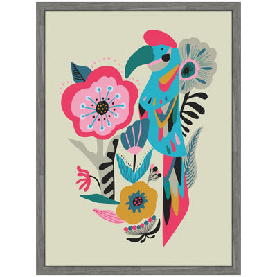 Sylvie Bright Teal and Pink Floral and Parrot Framed Canvas by Rachel Lee