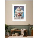 Framed print of a woman with silver hair wearing a crown of moon phases and a large white moth covering her eyes, set against a starry night background.