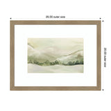 Framed watercolor print of a muted winter landscape with soft green and beige tones, showing distant trees and rolling hills under a cloudy sky.