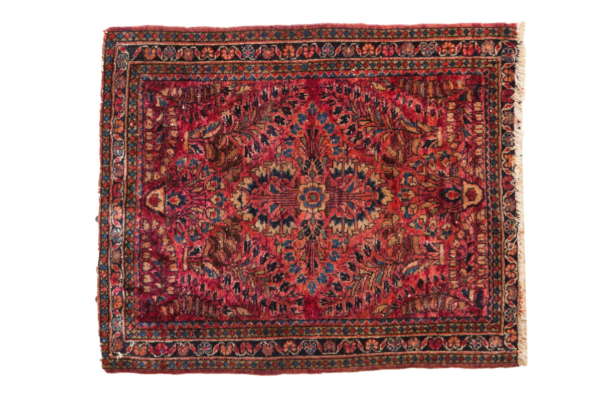 2x2.5 Vintage Fine American Sarouk Square Rug Mat featuring floral millefleur pattern in red and blue hues