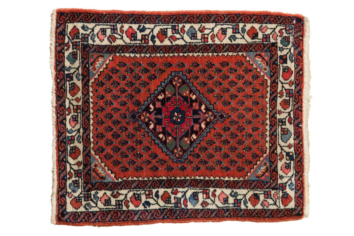 2x2.5 Vintage Engelas Square Rug Mat featuring diamond serrated medallion and boteh lattice pattern in warm and blue hues