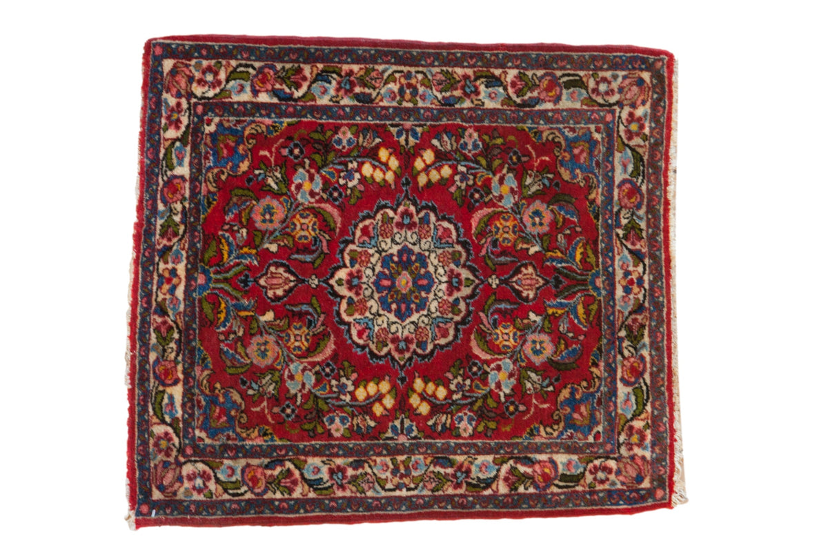 2.5x2.5 Vintage Qazvin Square Rug Mat featuring a roundel medallion with floral and vine border in cherry red, ivory, and soft blue tones.