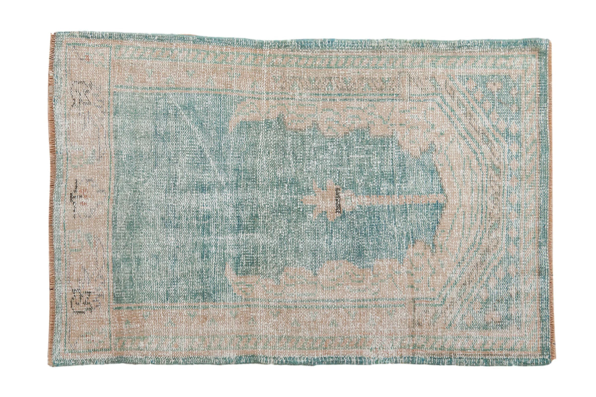 2.5x3.5 Vintage Distressed Oushak Rug with prayer niche lantern design and seeded corner spandrels in ocean green and cream