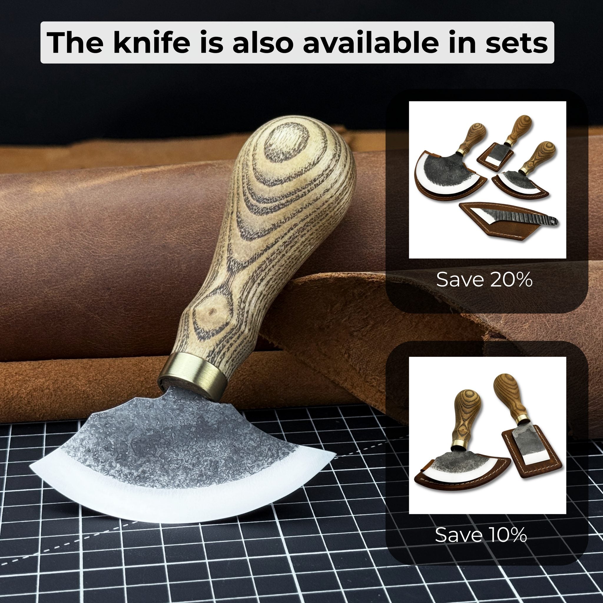 Small leather round knife with ash wood handle and high-carbon steel blade