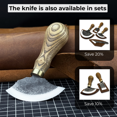 Small leather round knife with ash wood handle and high-carbon steel blade
