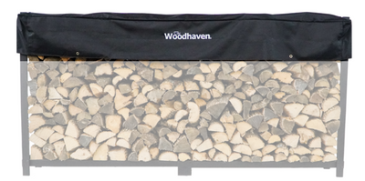 Woodhaven Short Firewood Rack Seasoning Cover in black on a firewood rack