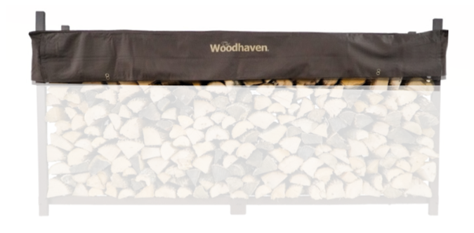 Woodhaven Short Firewood Rack Seasoning Cover in black on a firewood rack