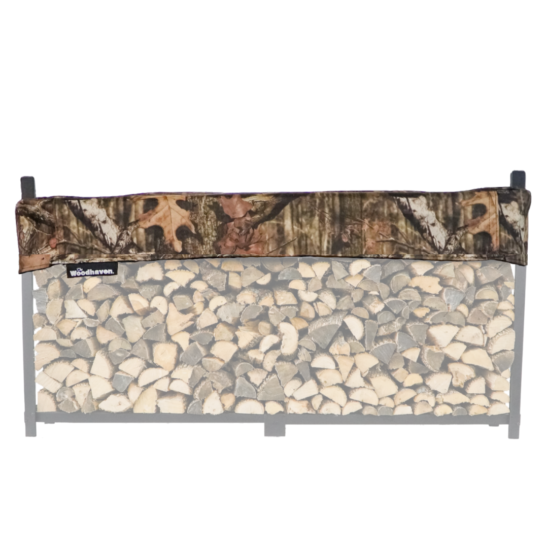 Woodhaven Short Firewood Rack Seasoning Cover in black on a firewood rack