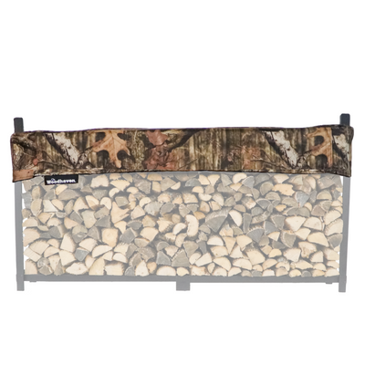 Woodhaven Short Firewood Rack Seasoning Cover in black on a firewood rack