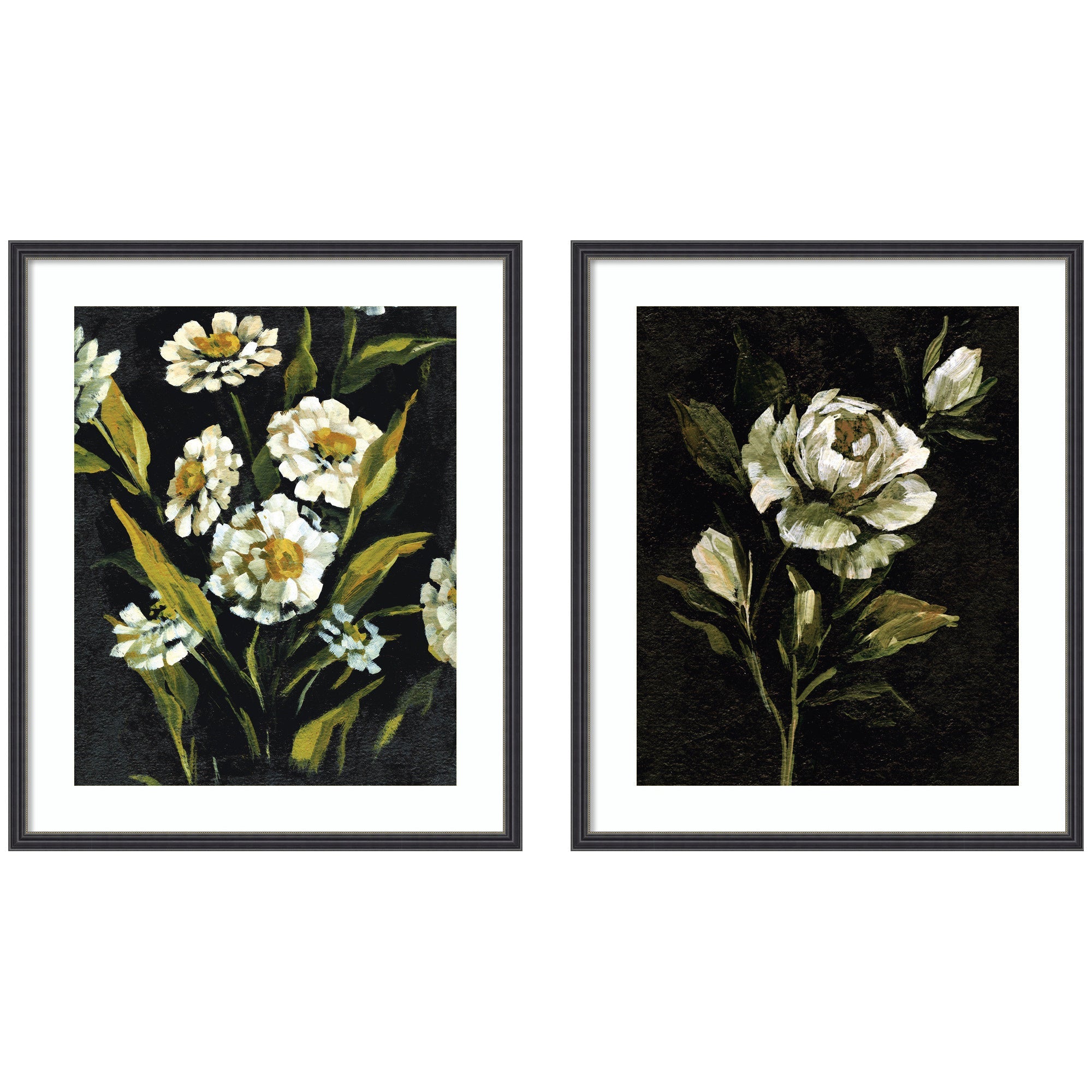 Moody Floral 1 & 2 framed floral prints with black narrow frames arranged on a wall