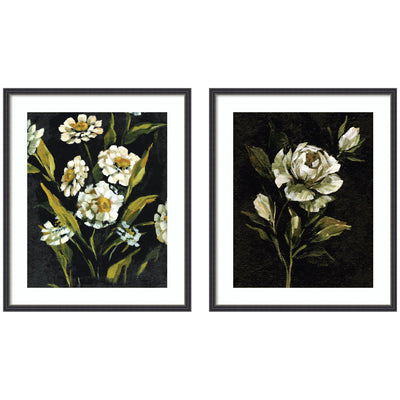 Moody Floral 1 & 2 framed floral prints with black narrow frames arranged on a wall