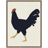 Simplified graphic of a black rooster with red comb, yellow legs, and small glasses, set against a plain beige background in a thin wood frame.