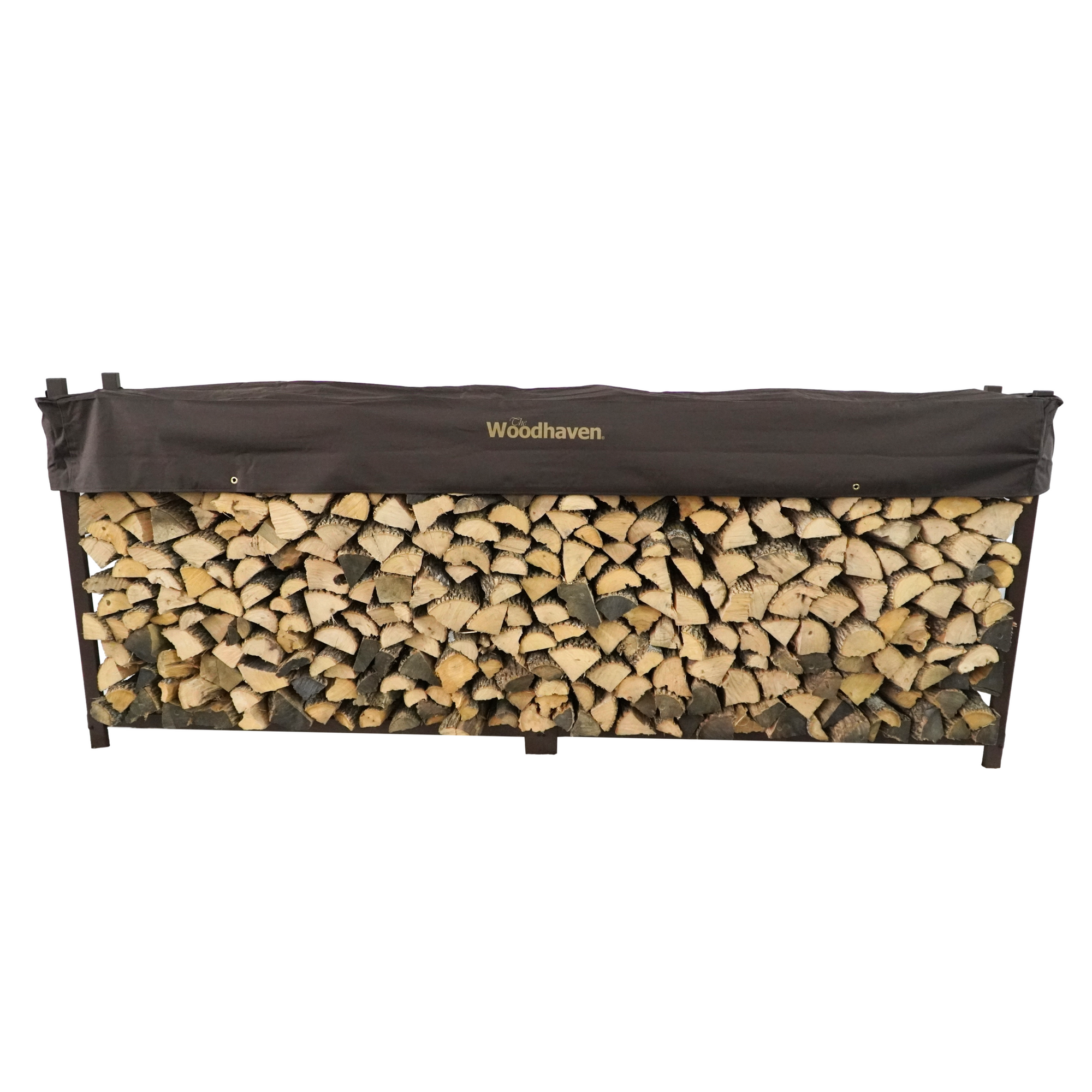 Woodhaven 10 ft Firewood Rack holding stacked firewood outdoors