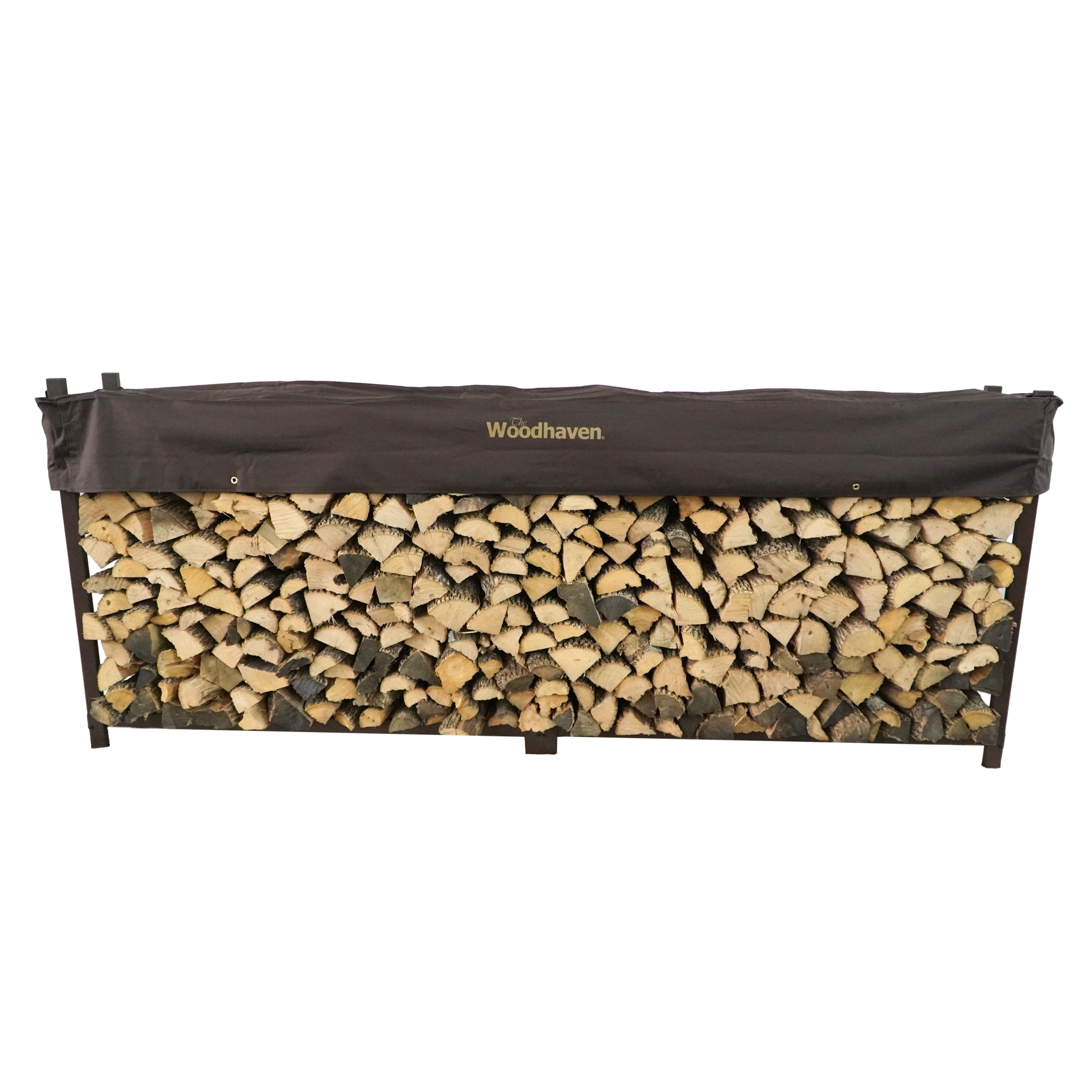 Woodhaven 10 ft Firewood Rack holding stacked firewood outdoors