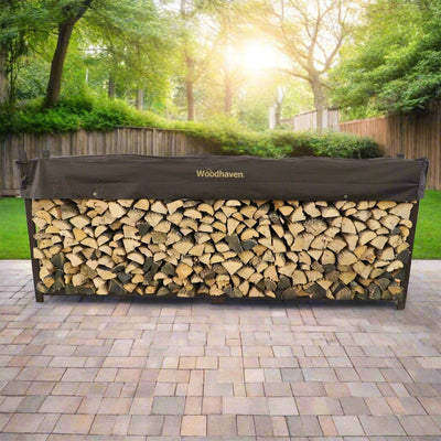 Woodhaven 10 ft Firewood Rack holding stacked firewood outdoors