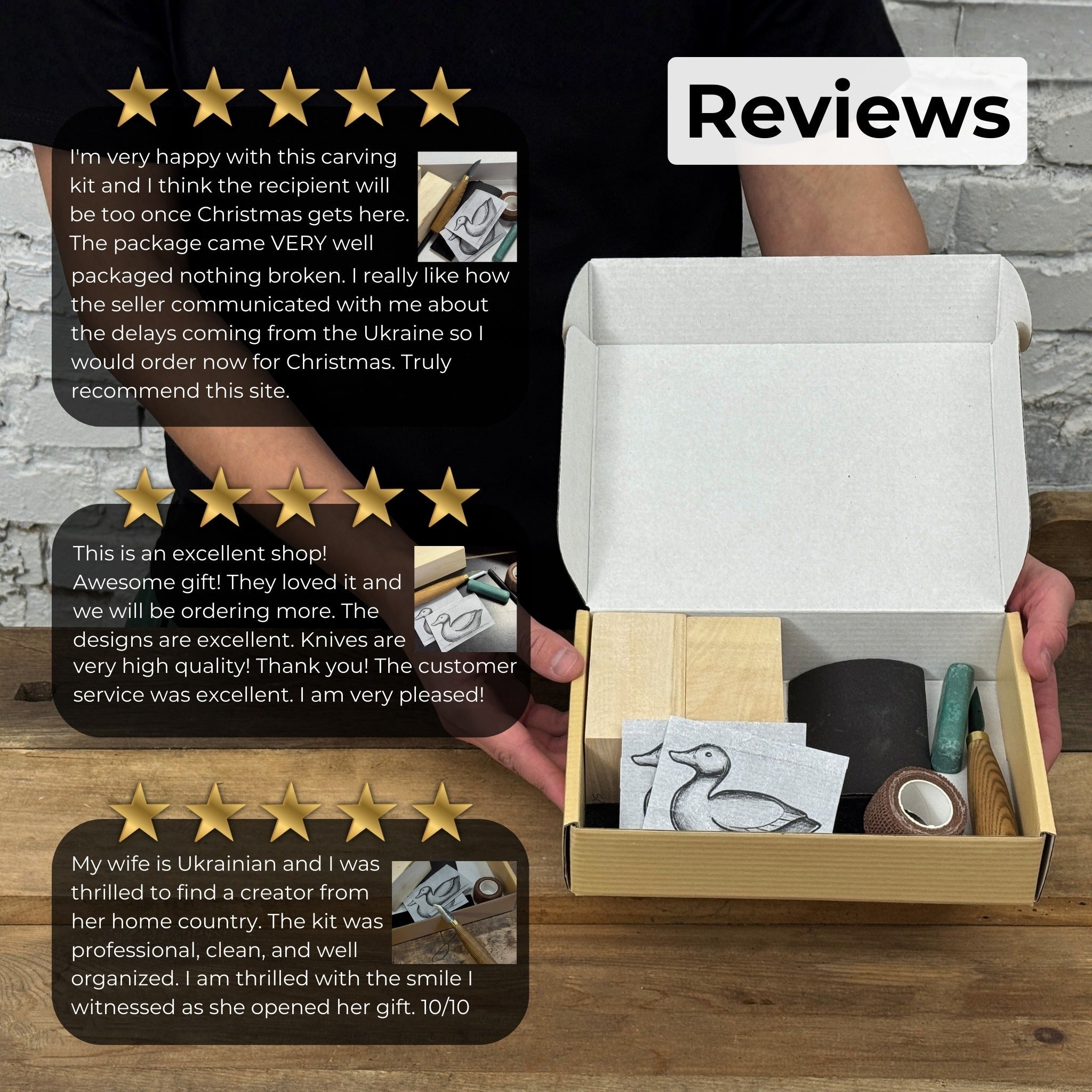 Complete Duck Carving Kit with knife, wooden blocks, sandpaper, sharpening board, pencil, and duck drawing guide