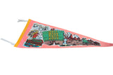 Triangular pink felt pennant with yellow top edge, featuring illustrations of Mount Rushmore, a Native American chief, the Wall Drug sign, and a desert landscape with rock formations.