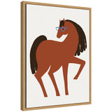 Stylized brown horse with black mane and tail wearing blue glasses, illustrated on white canvas with a natural wood frame, angled view.