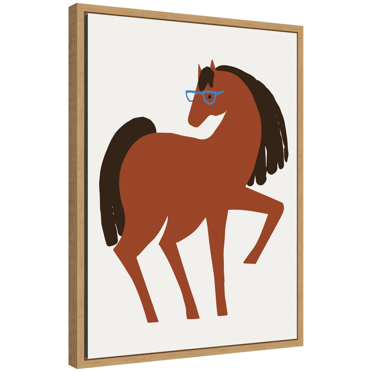 Stylized brown horse with black mane and tail wearing blue glasses, illustrated on white canvas with a natural wood frame, angled view.