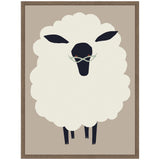 Minimalist illustration of a fluffy white sheep with a black face, ears, and legs wearing pale green glasses, set against a beige background framed in wood.