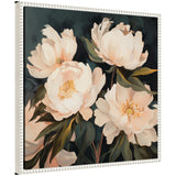 Painterly canvas artwork of soft peach and white peonies with dark green leaves against a deep charcoal background in a white beaded frame.