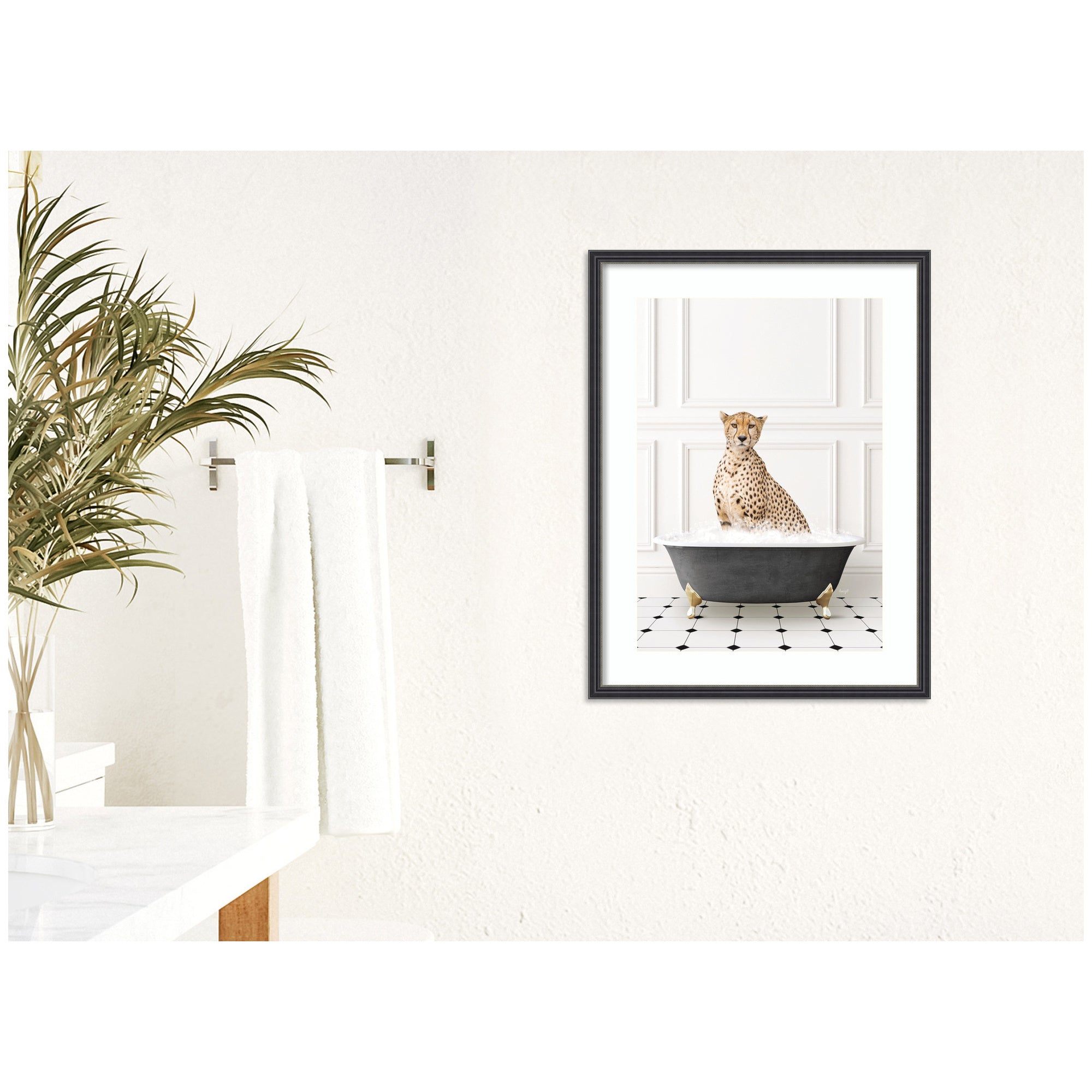Cheetah in Classic Black and White Bathtub by Amy Peterson Framed Wall Art Print