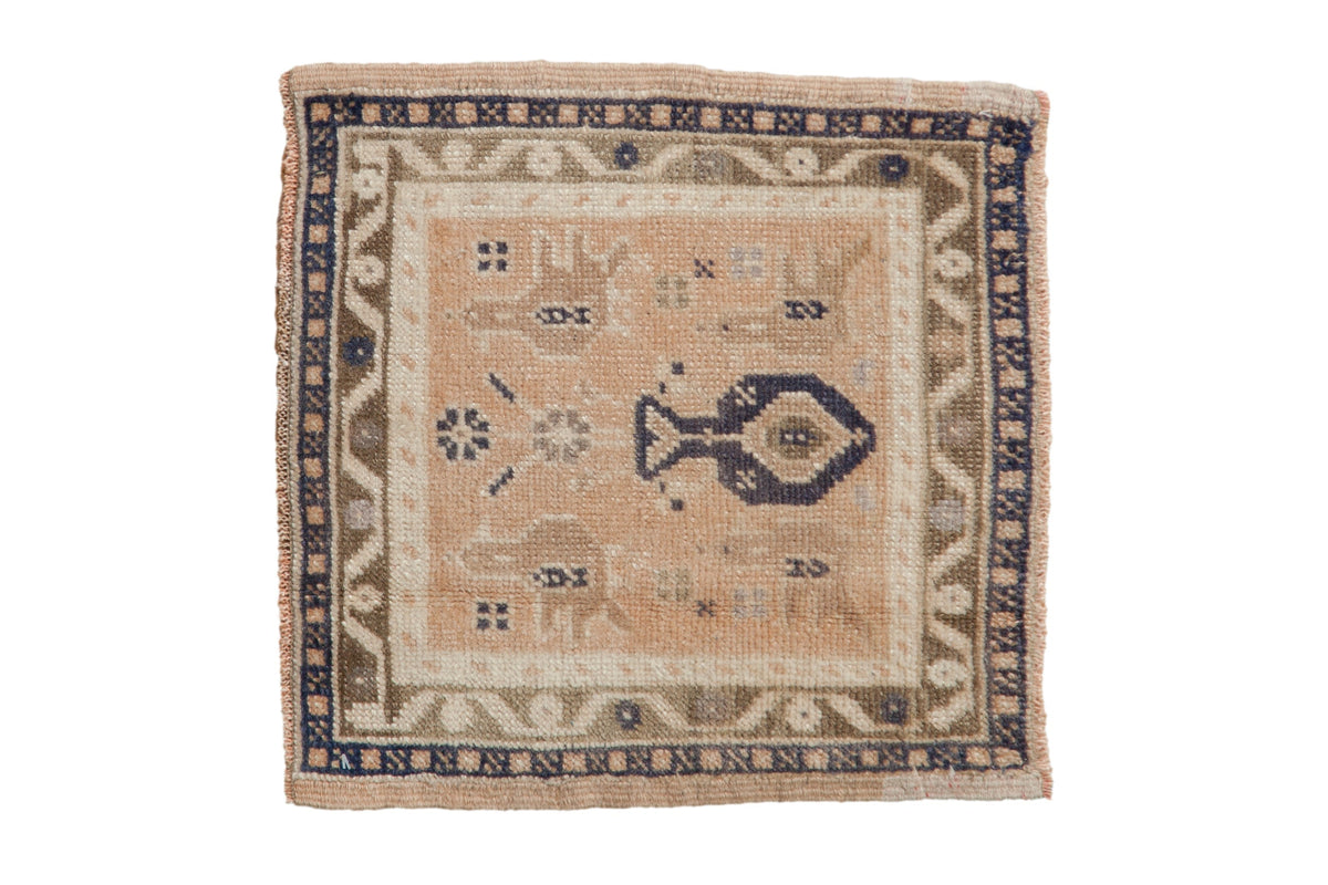Vintage distressed Oushak square rug mat with tree of life design in ivory, beige, dusty bronze, and pale peach tones