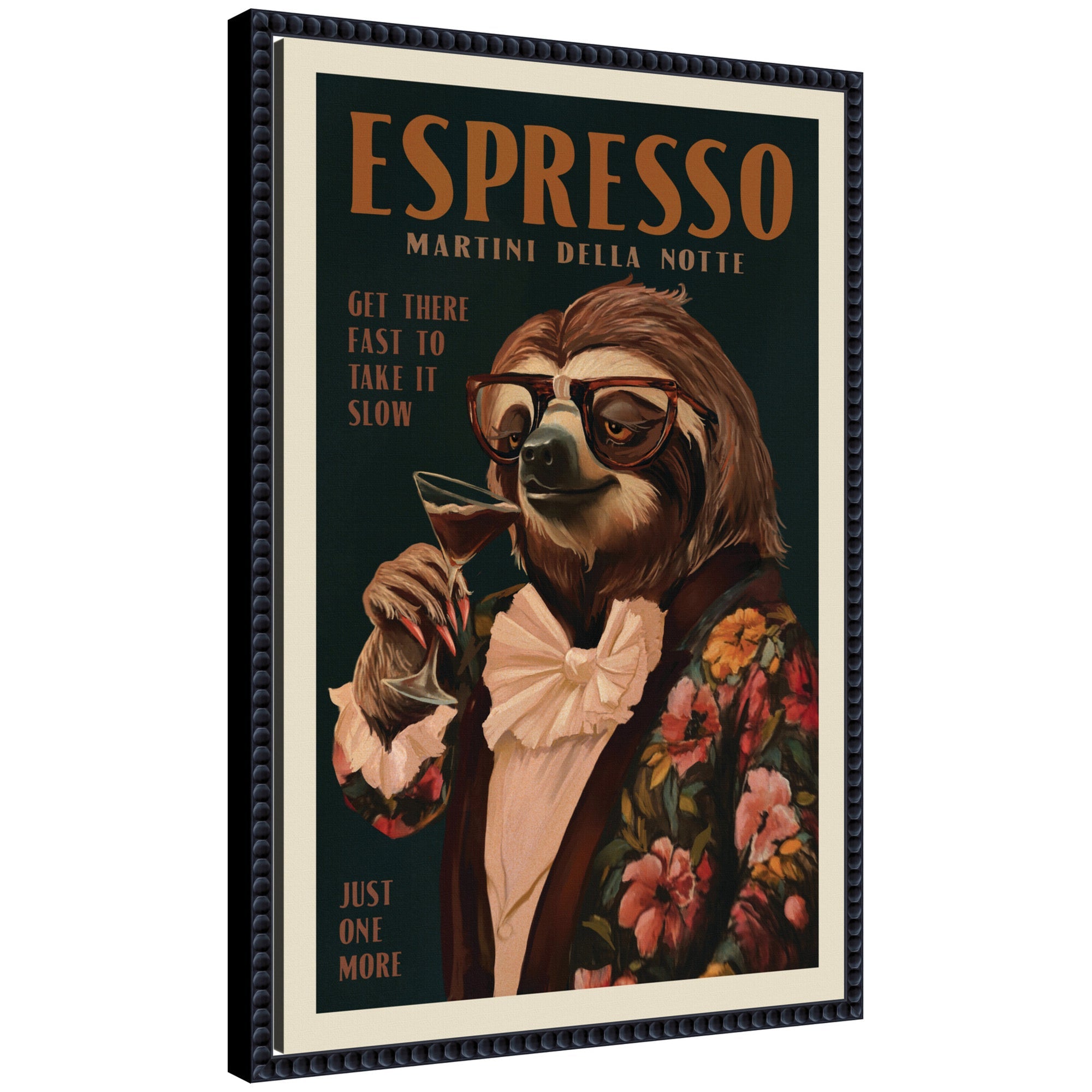 Framed canvas wall art print titled WG Espresso Sloth by The Whiskey Ginger, showing a sloth holding a coffee cup with warm brown tones, displayed in a Sylvie Beaded vintage-style frame.
