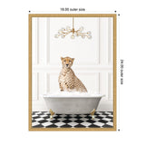 Framed canvas of a cheetah sitting upright in a gray clawfoot bathtub filled with bubbles on a black-and-white checkerboard floor beneath a modern gold chandelier.