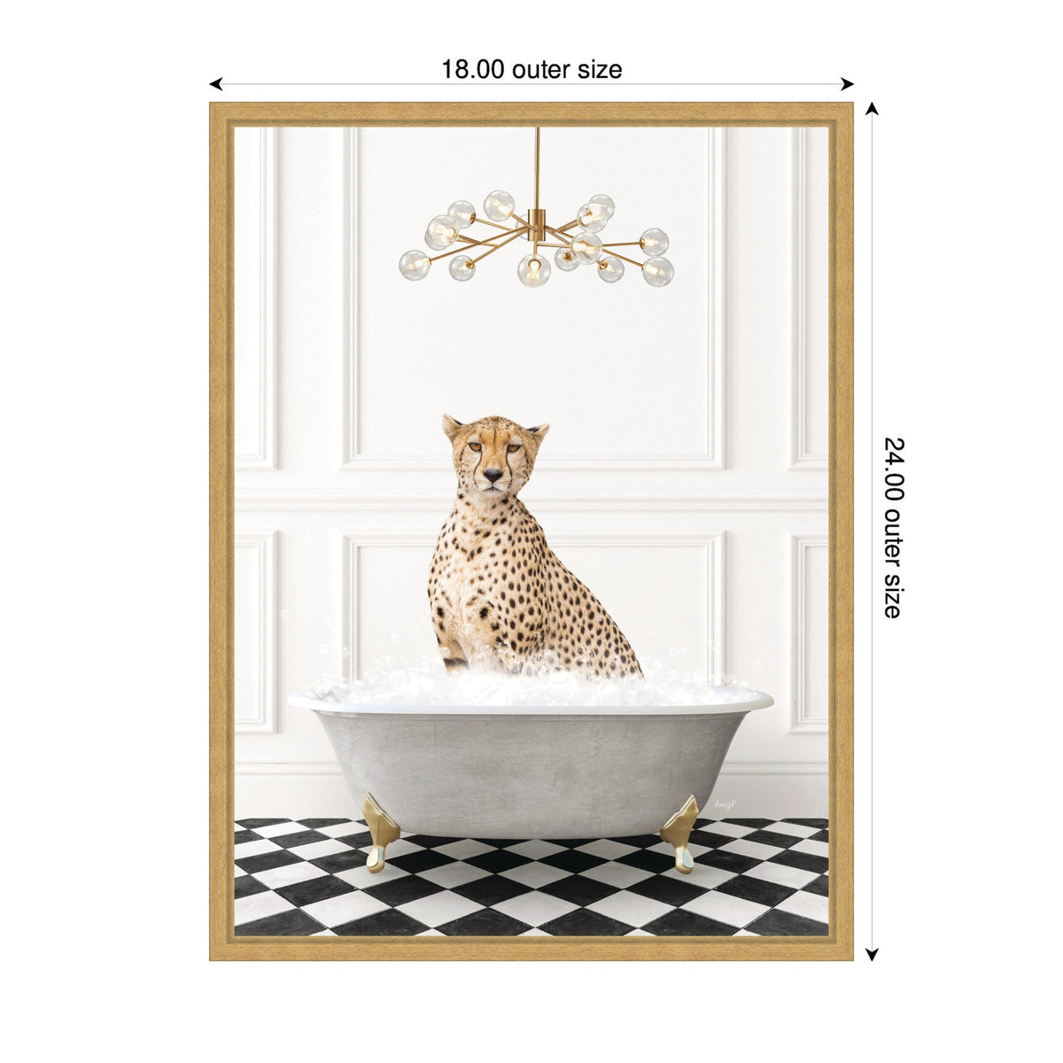 Framed canvas of a cheetah sitting upright in a gray clawfoot bathtub filled with bubbles on a black-and-white checkerboard floor beneath a modern gold chandelier.