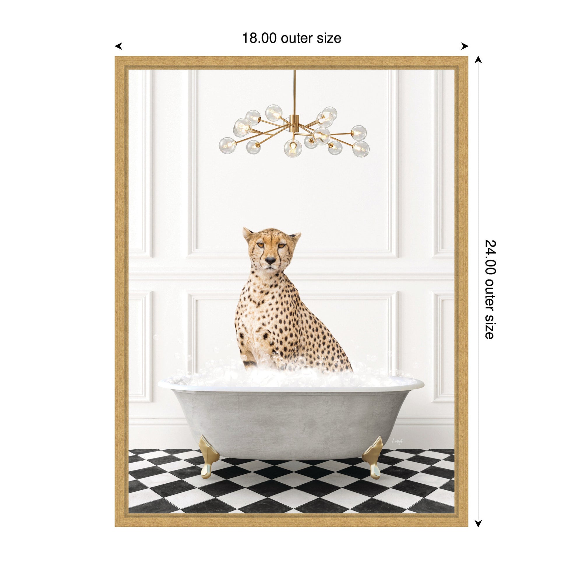 Sylvie Cheetah in Gray Bathtub on Checker Floor Framed Canvas by Amy Peterson