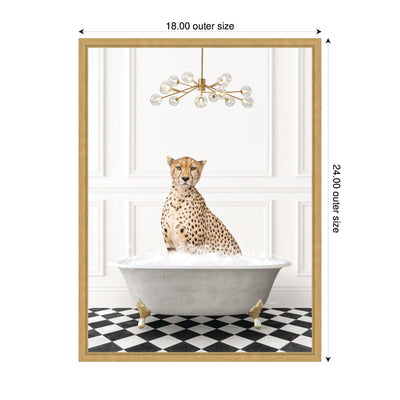 Sylvie Cheetah in Gray Bathtub on Checker Floor Framed Canvas by Amy Peterson