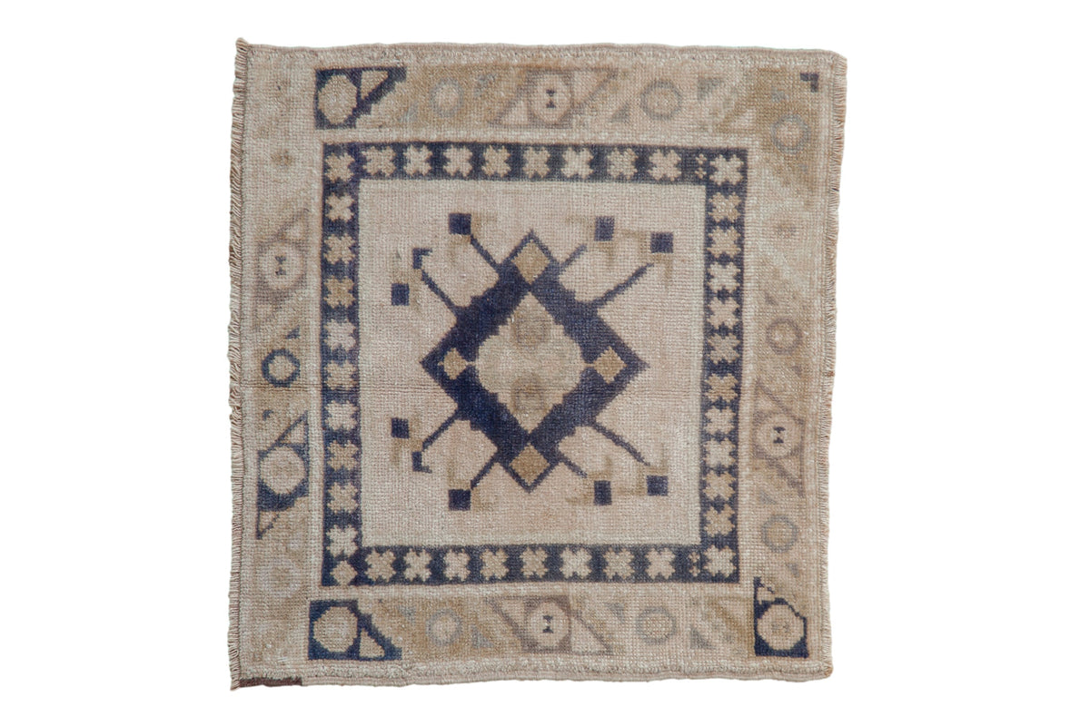 2x2 Vintage Distressed Oushak Square Rug Mat with navy and ivory diamond medallion and geometric buds