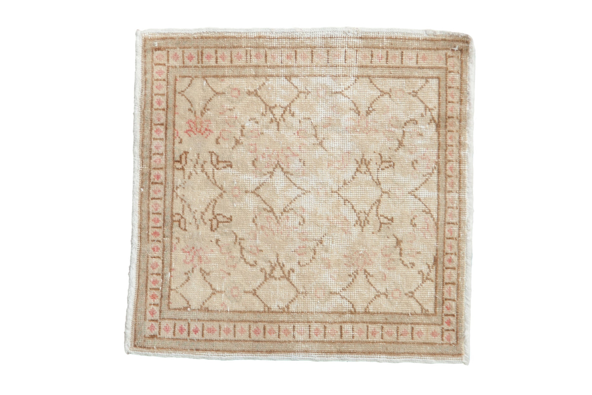 1.5x1.5 vintage distressed Kayseri square rug mat with floral pattern in muted pink, ivory, and brown tones