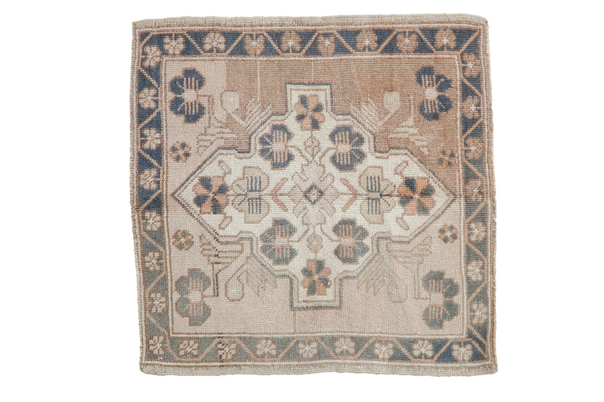 2x2.5 Vintage Distressed Oushak Square Rug Mat showing faded floral medallion and abrashed field in soft beige, coffee, and blue tones