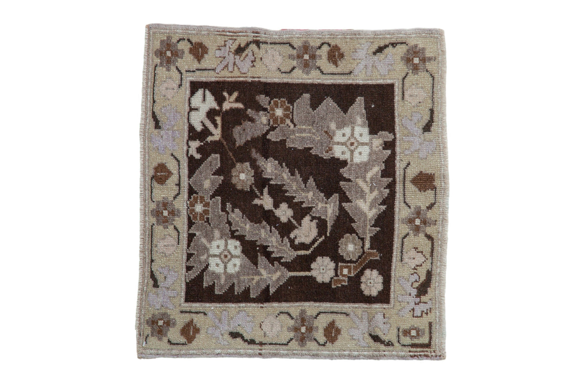 2x2 vintage distressed Oushak square rug mat with scrolled leaf and vine pattern in earth tones