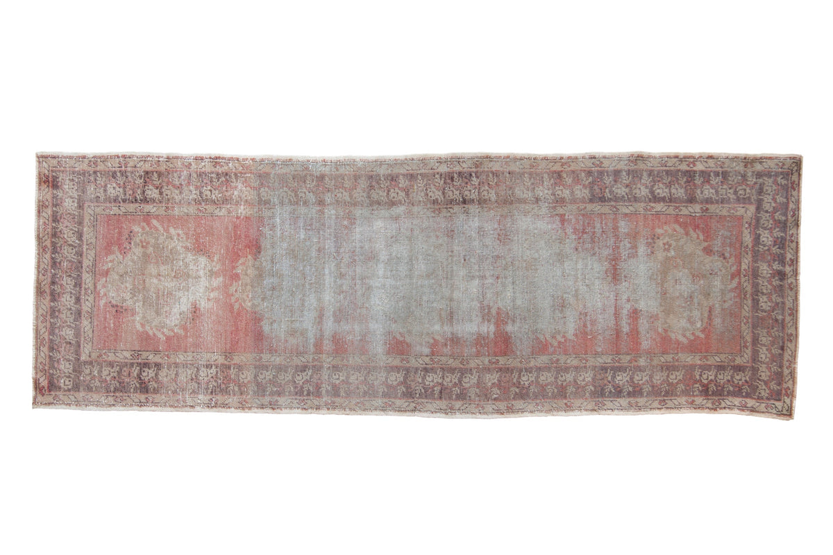 3x9 Vintage Distressed Oushak Rug Runner showing central medallion and distressed vintage wear