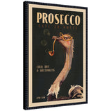 WG Deco Prosecco Ostrich framed canvas wall art print showing an ostrich with a whimsical prosecco glass and decorative frame