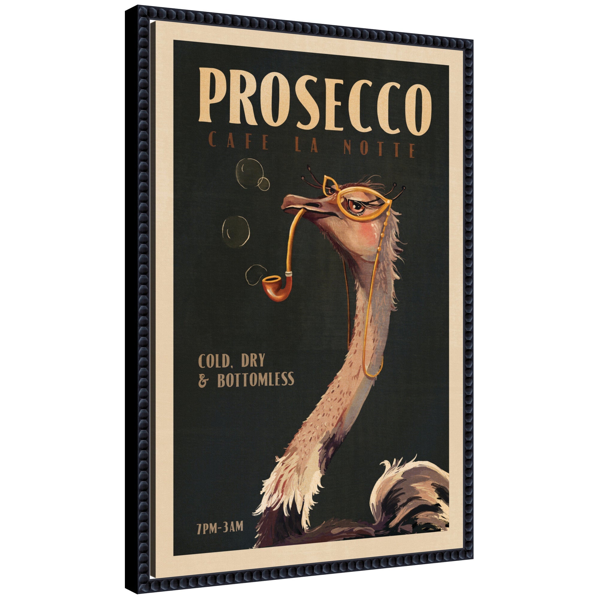 WG Deco Prosecco Ostrich framed canvas wall art print showing an ostrich with a whimsical prosecco glass and decorative frame