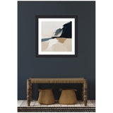 Abstract coastal landscape with broad beige and dark navy brushstrokes framed in black, hanging above a rustic wooden bench with textured brown woven baskets beneath.