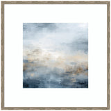 Abstract framed wall art featuring blended tones of blue, gray, and beige creating a serene, misty oceanic atmosphere with soft, diffuse brushstrokes.