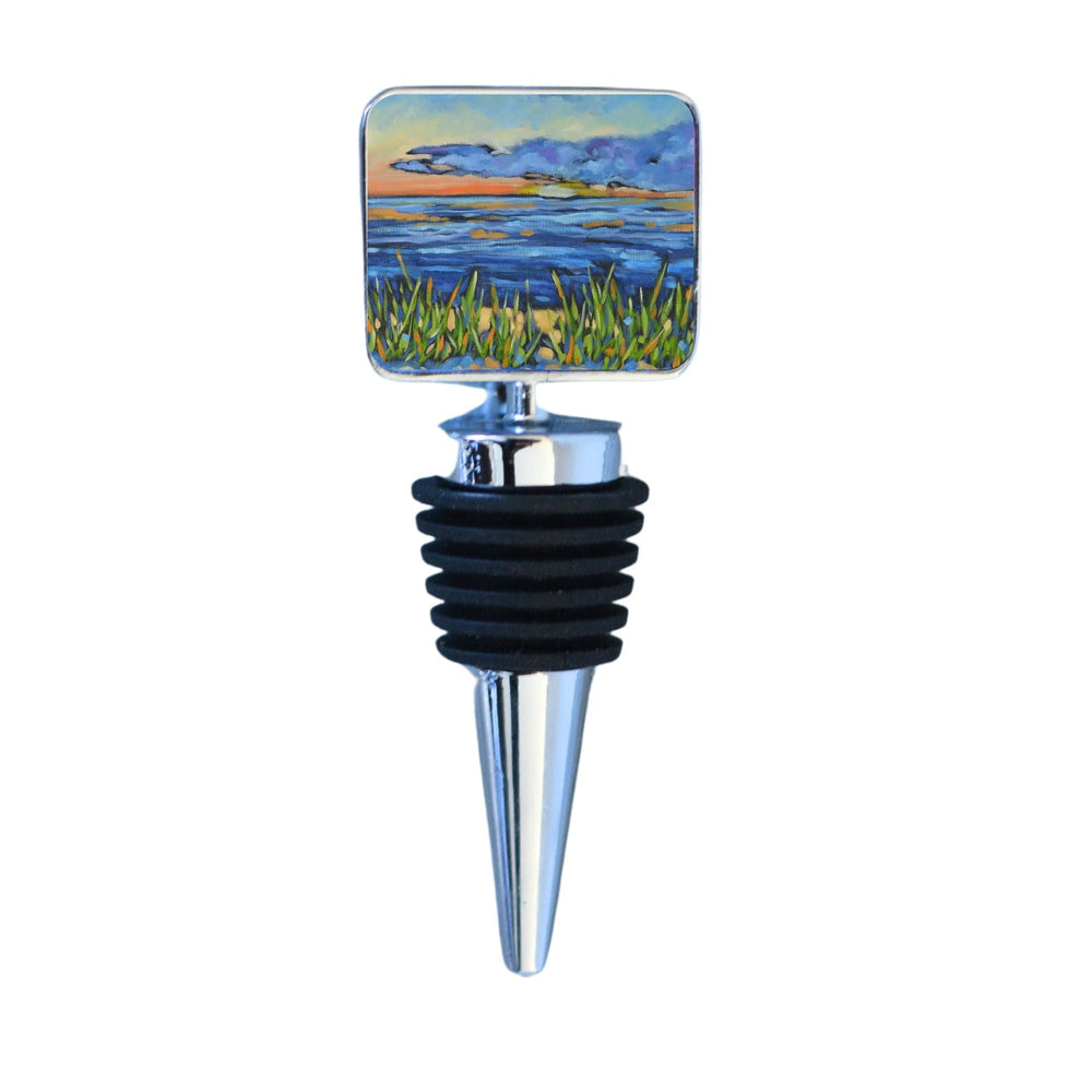 Close-up of Wine Bottle Stopper: Reset at Sunset showing zinc-alloy decorative top and stainless steel base