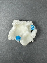 White crystalline stilbite specimen with two bright blue cavansite ball crystals perched on its surface, displayed on a dark gray background.